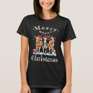 Cow Reindeer Hat Santa Christmas Lights Funny Cow T-Shirt