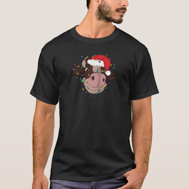 Cow Reindeer Hat Santa Christmas Lights Funny Cow  T-Shirt (Front)