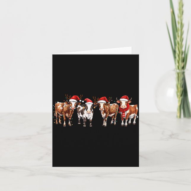 Cow Reindeer Santa Hat Christmas Light Funny Cows  Card (Front)