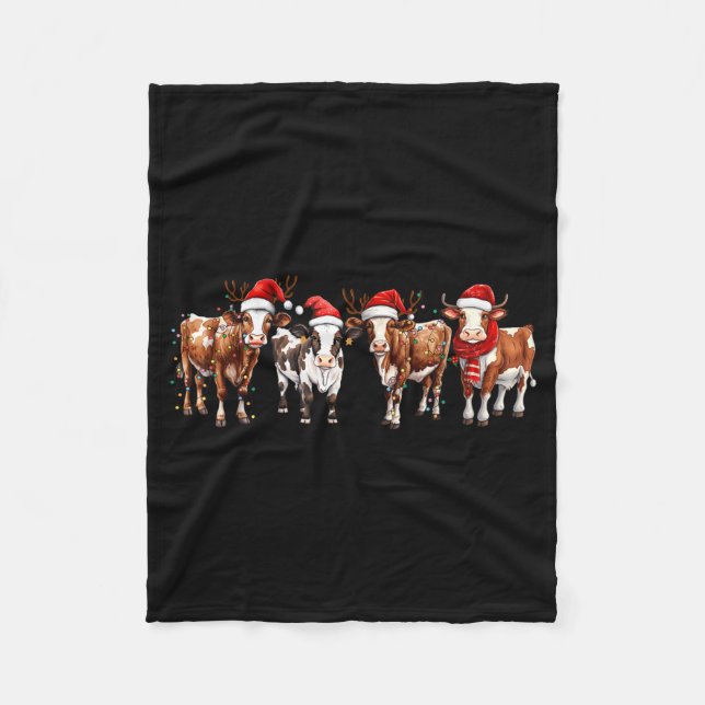 Cow Reindeer Santa Hat Christmas Light Funny Cows  Fleece Blanket (Front)