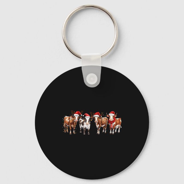 Cow Reindeer Santa Hat Christmas Light Funny Cows  Key Ring (Front)
