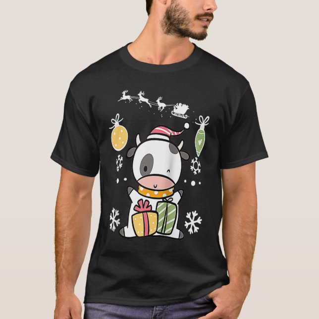Cow Reindeer with Christmas Lights and Pajamas for T-Shirt (Front)