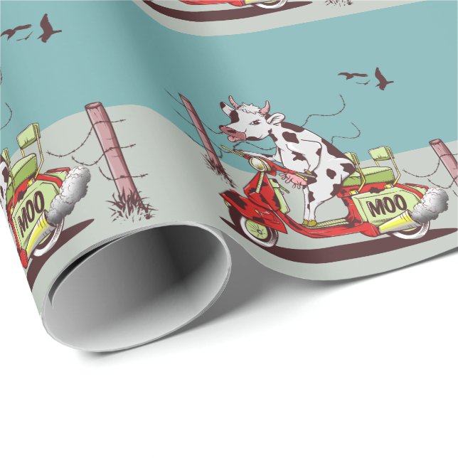 Cow riding a retro moped wrapping paper (Roll Corner)