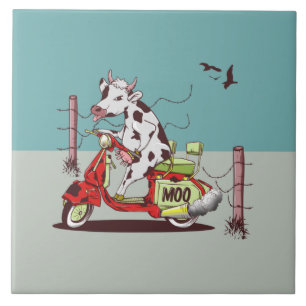Cow riding a retro motorcycle tile