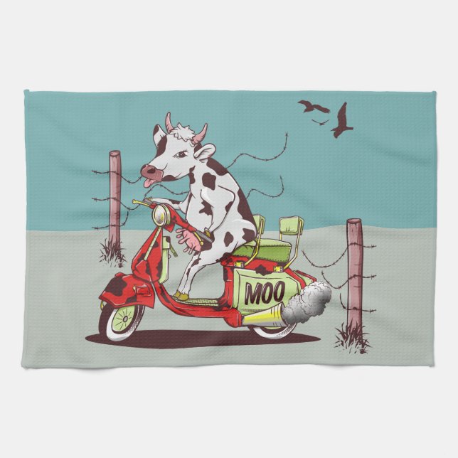 Cow riding a vintage motorcylce tea towel (Horizontal)