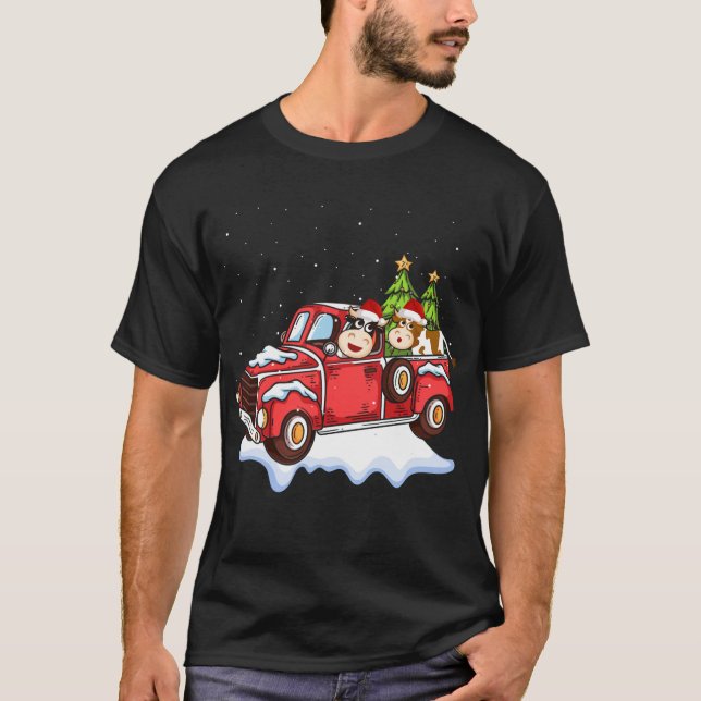 Cow Riding Red Truck Christmas Pajama Xmas Cow T-Shirt (Front)