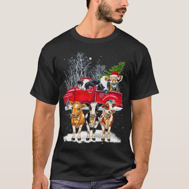 Cow Riding Red Truck Merry Christmas Farm Loves Co T-Shirt (Front)