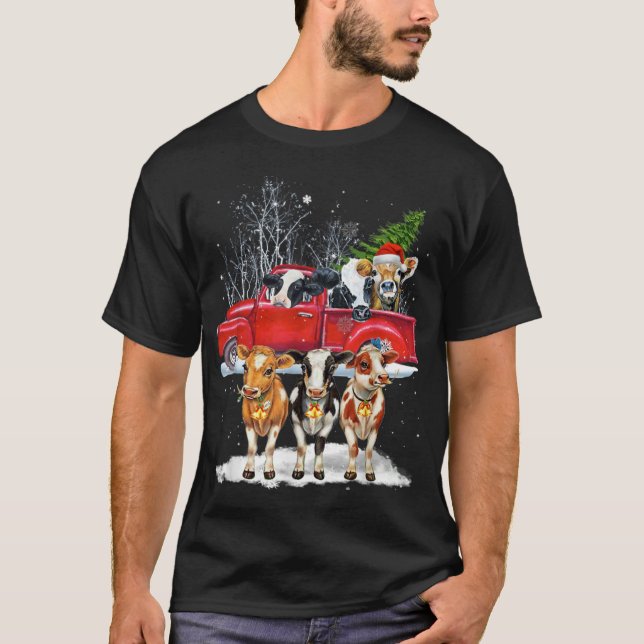 Cow Riding Red Truck Merry Christmas Farm Loves Co T-Shirt (Front)