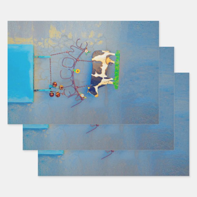 Cow Rustic Blue Country Western Farm Decoupage Wrapping Paper Sheet (Set)