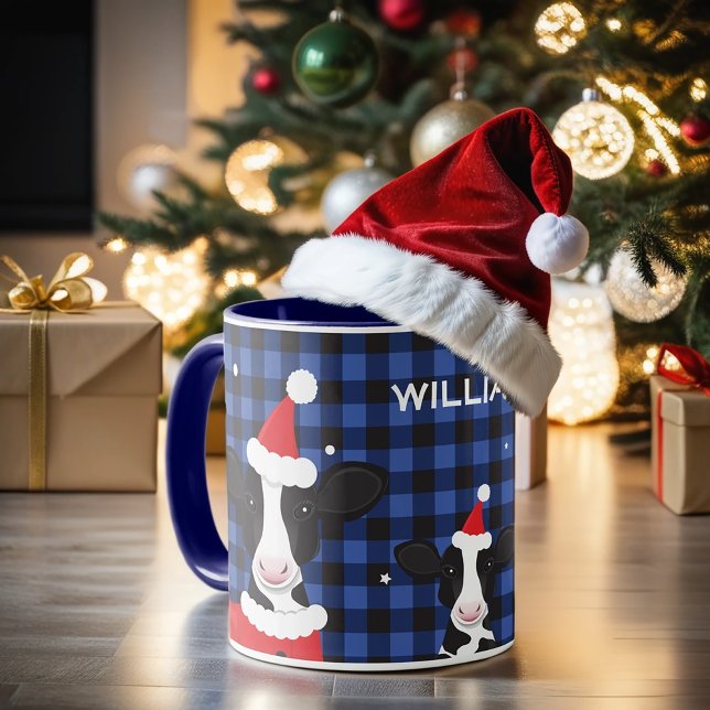 Cow Santa Blue Plaid Name Farm Animal Christmas Mug (Get this fun and personalized cow Santa hat mug for your holiday!)