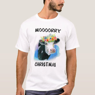 Cow Santa Christmas Lights Funny Cow Mooory Christ T-Shirt