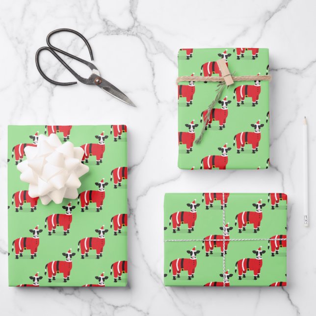 Cow Santa Novelty Christmas Wrapping Paper Sheet (Front)