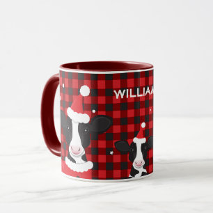 Cow Santa Red Plaid Name Farm Animal Christmas Mug