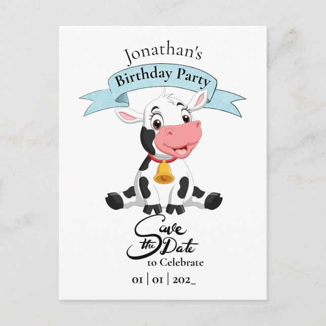 Cow Save The Date Happy Birthday Boy Postcard (Front)