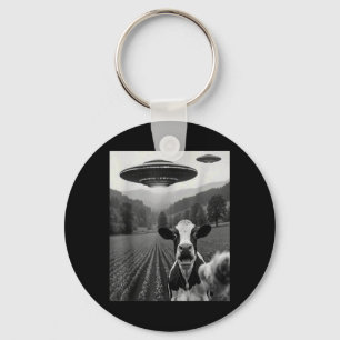 Cow Selfie with Alien UFO Funny Cow Farmer Men Key Ring