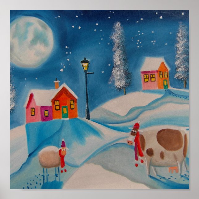 cow sheep winter snow scene folk art poster (Front)