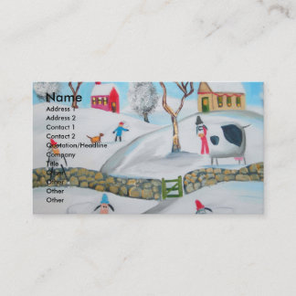 cow sheep winter snow scene naive folk art business card