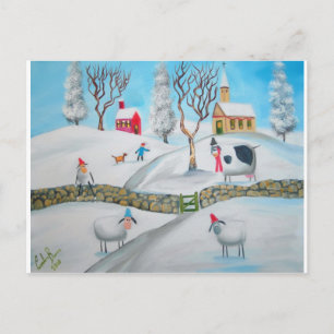 cow sheep winter snow scene naive folk art postcard