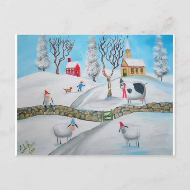 cow sheep winter snow scene naive folk art postcard (Front)