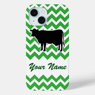 Cow Silhouette with Green Chevron Pattern iPhone 15 Case