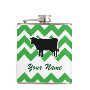 Cow Silhouette with Green Chevron Pattern Hip Flask