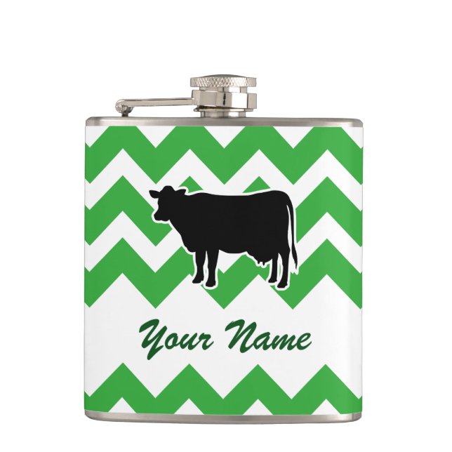Cow Silhouette with Green Chevron Pattern Hip Flask (Front)