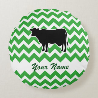 Cow Silhouette with Green Chevron Pattern Round Cushion
