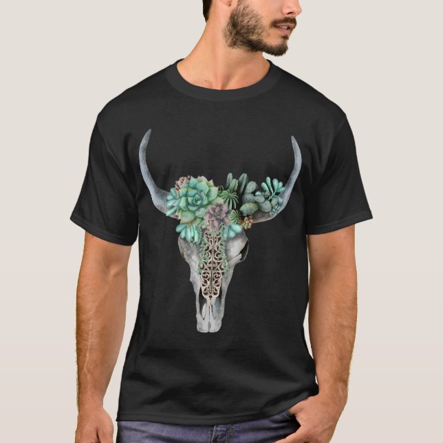 Cow Skull And Crown Succulents Plant And Leaves T-Shirt (Front)