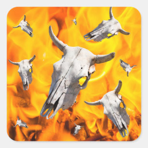 Cow skull and fire square sticker
