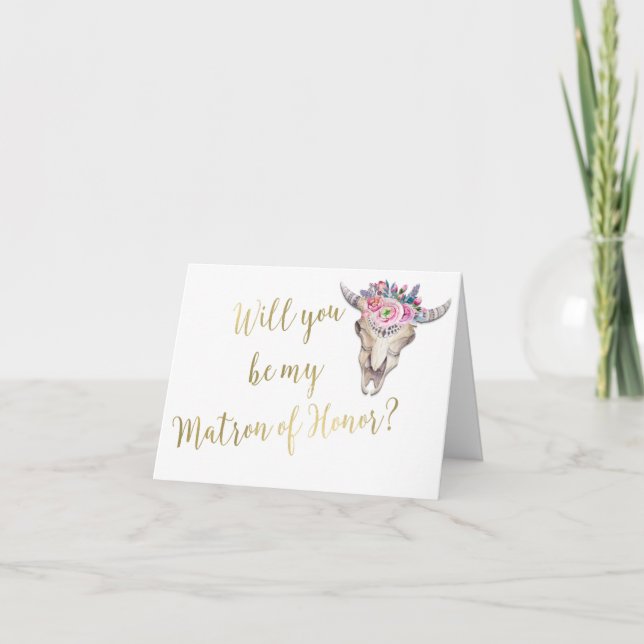 Cow Skull Boho Wedding Gold Matron of Honour Thank You Card (Front)