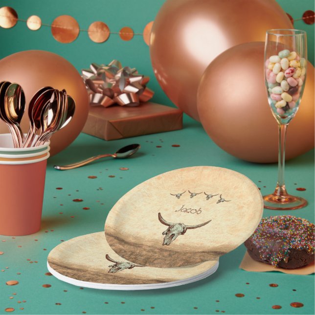 Cow Skull Brown Western Country Rustic Style Paper Plate (Multi)