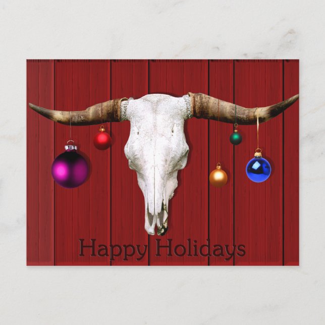 Cow Skull Christmas Ornaments Red Barn Happy Hol Holiday Postcard (Front)