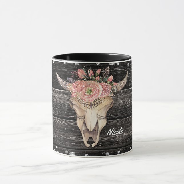 Cow Skull Rustic Glitter Glam Personalised Boho Mug (Center)