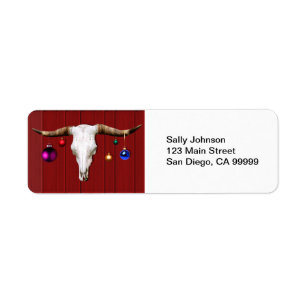 Cow Skull with Christmas Ornaments on Red Barn