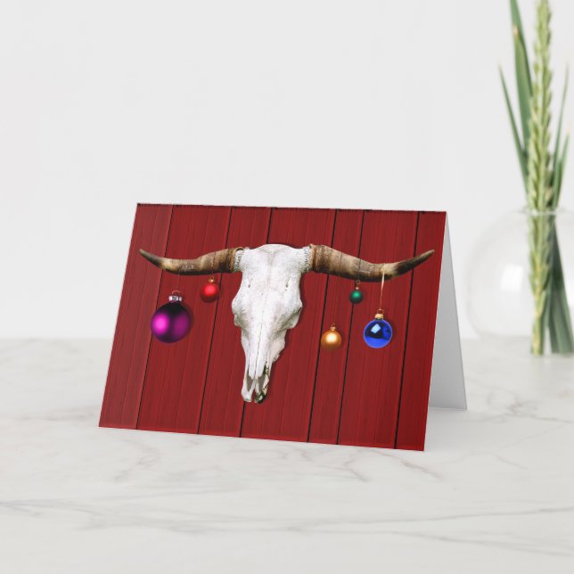 Cow Skull with Christmas Ornaments on Red Barn Holiday Card (Front)