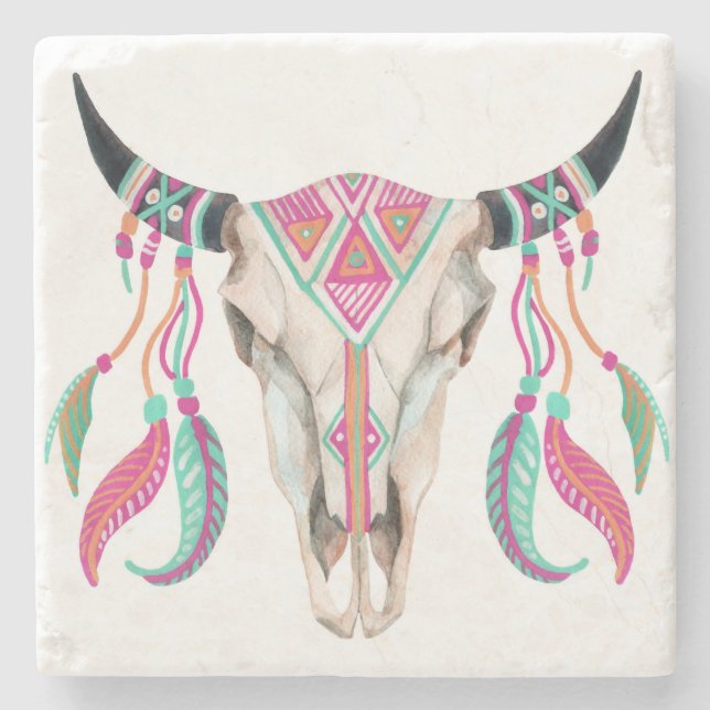 Cow Skull with Dream Catchers Stone Coaster (Front)