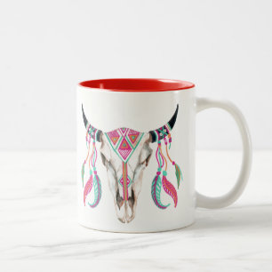 Cow Skull with Dream Catchers Two-Tone Coffee Mug