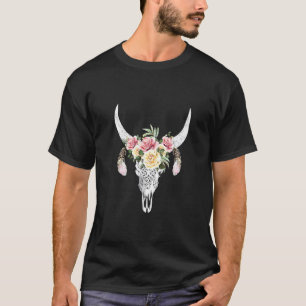 Cow Skull With Feathers And Jellow And Pink Roses T-Shirt