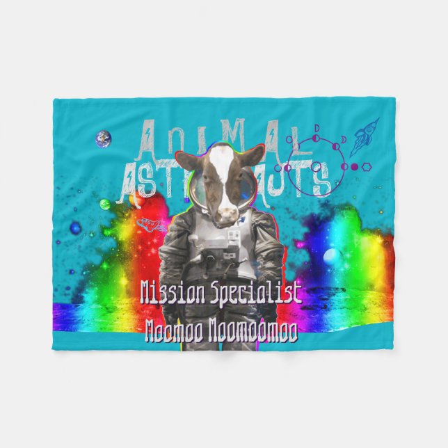 Cow Space Mission Specialist Animal Astronaut Fleece Blanket (Front (Horizontal))