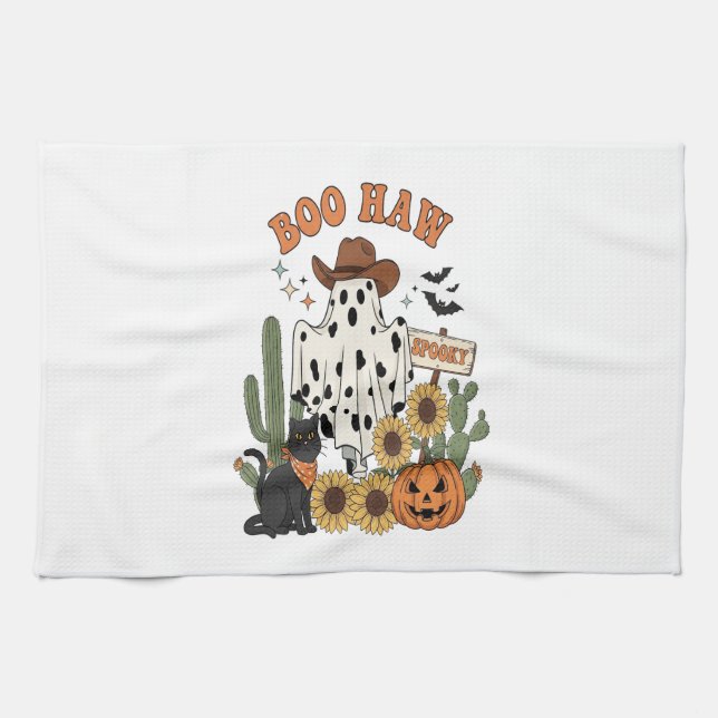 Cow Spot Ghost Western-Funny Halloween Tea Towel (Horizontal)
