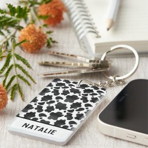 Cow Spots Pattern Black and White Animal Print Key Ring