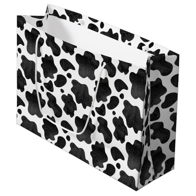 Cow Spots Pattern Black and White Animal Print Large Gift Bag (Front Angled)