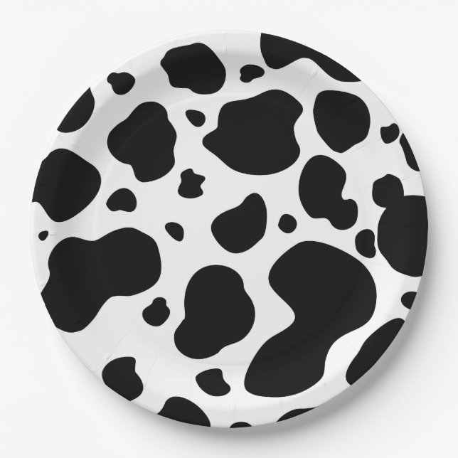 Cow Spots Pattern Black and White Animal Print Paper Plate (Front)