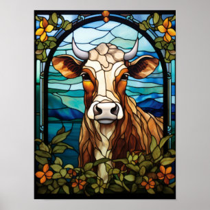 Cow Stained Glass Art Floral Framed Portrait Poster