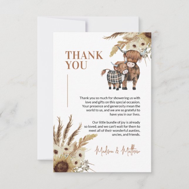 Cow Sunflower Farm Baby Shower Thank You Card (Front)