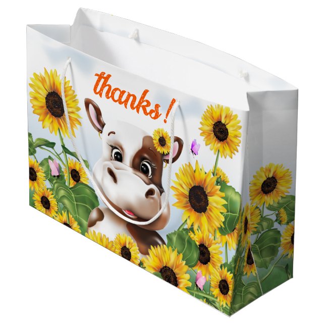 Cow Sunflower Farm Thank You Large Gift Bag (Back Angled)