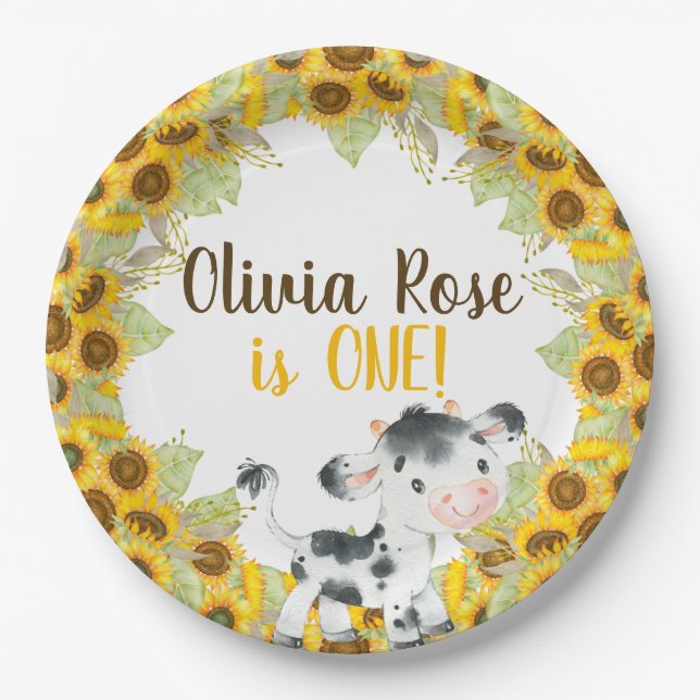 Cow sunflower girl birthday customised paper plate (Front)