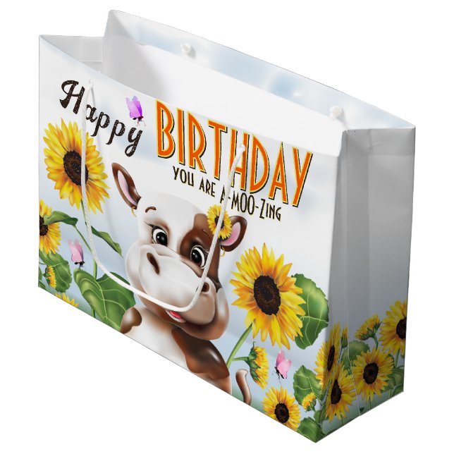 Cow Sunflower Girl Birthday Large Gift Bag (Front Angled)