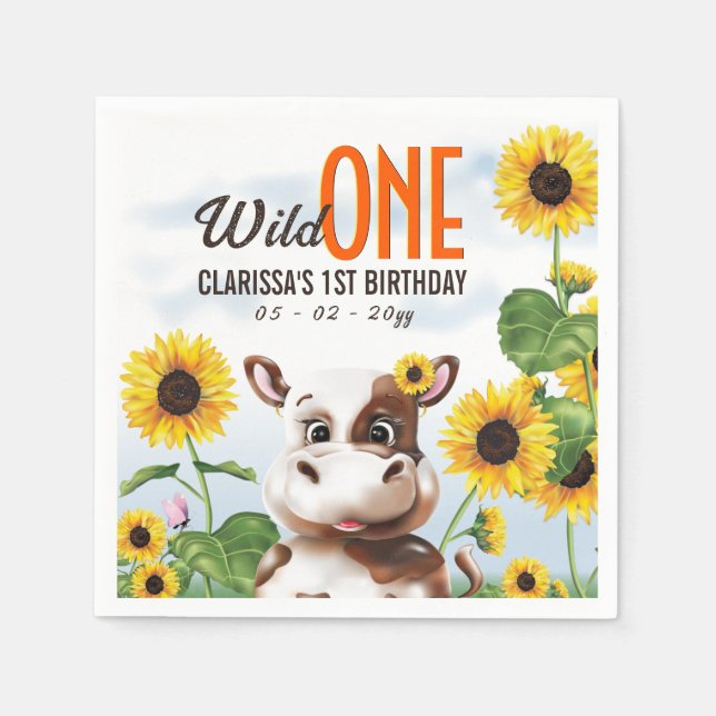 Cow Sunflower Girl First Birthday Napkin (Front)