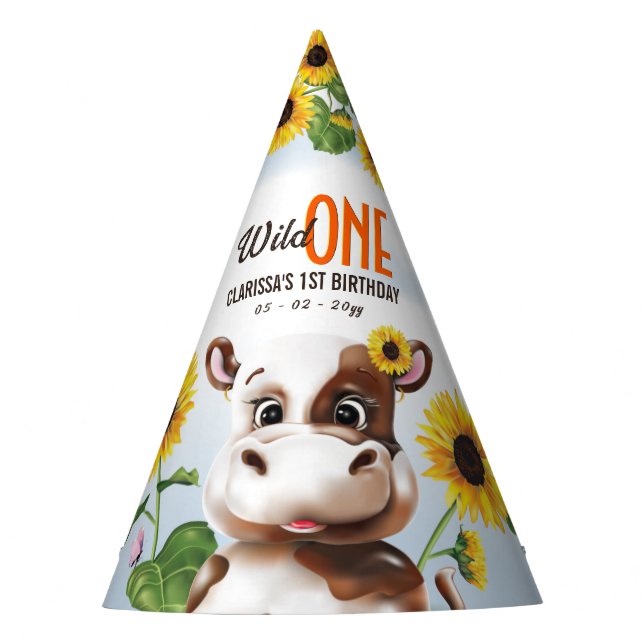 Cow Sunflower Girl First Birthday Party Hat (Front)